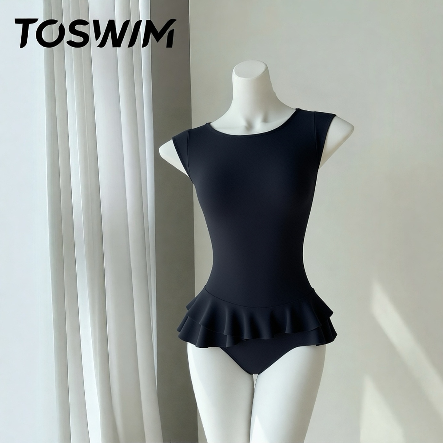 【样衣清仓-黑叶双荷】TOSWIM拓胜正品连体泳衣女三角温泉游泳衣
