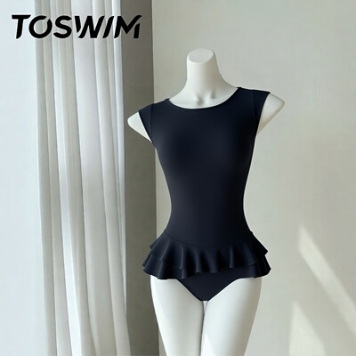 【瑕疵清仓-黑叶双荷】TOSWIM拓胜正品连体泳衣女三角温泉游泳衣