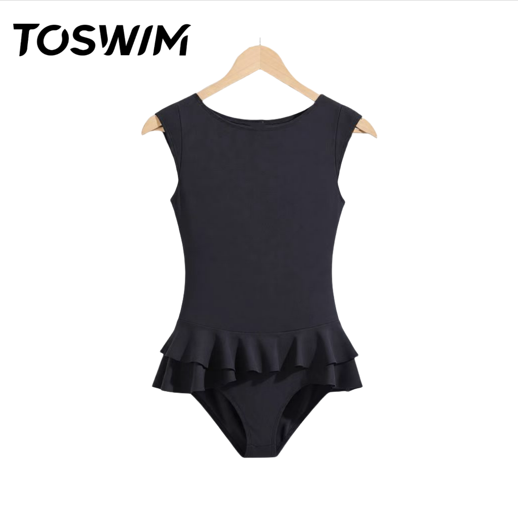 【样衣清仓-黑叶双荷】TOSWIM拓胜正品连体泳衣女三角温泉游泳衣