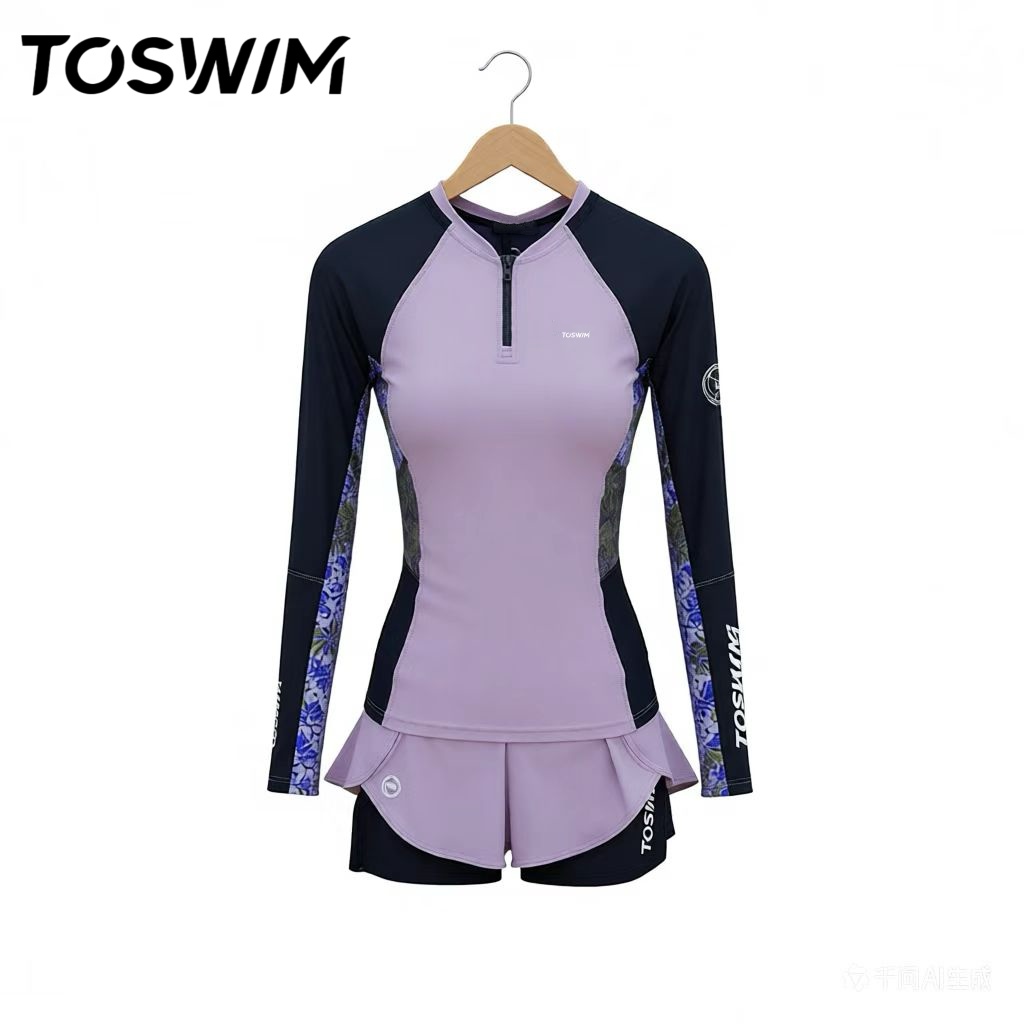 【样衣清仓-雾粉清光】TOSWIM拓胜正品分体泳衣女长袖游泳衣温泉