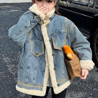 女童加绒牛仔外套羊羔毛棉服派克