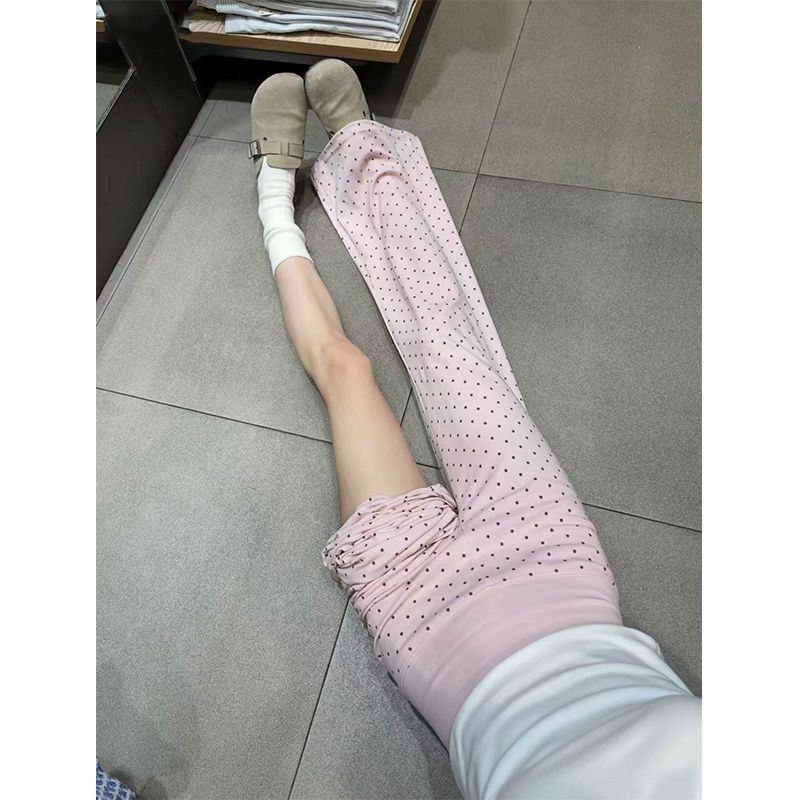 粉色波点微喇裤女夏季薄款垂感清凉遛弯裤休闲松弛宽腰瑜伽运动裤