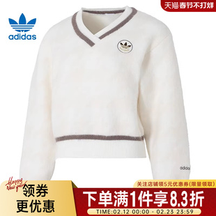 adidas阿迪达斯三叶草冬季女子运动卫衣白色毛线衫V领套衫KC2687