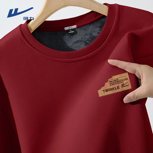 回力酒红色加绒卫衣男款冬季加厚保暖潮牌男士重磅宽松圆领上衣潮