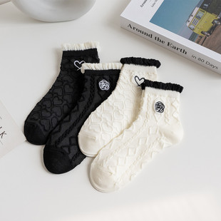 女士日系棉袜刺绣爱心花边浅口船袜泡泡口浮雕日常穿搭甜美风