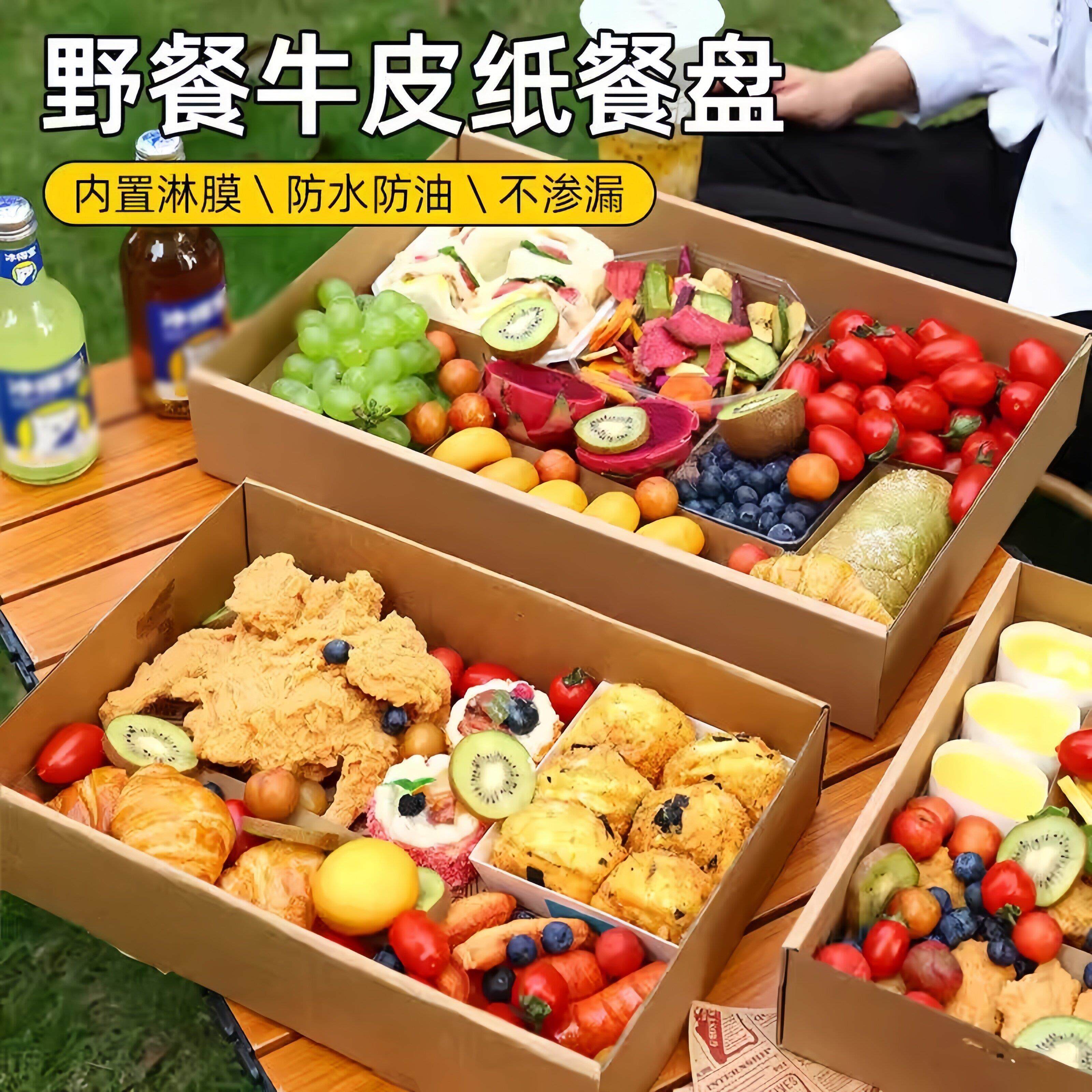 野餐盒子便当一次性打包盒春游露营户外网红牛皮纸烤肉小吃寿司盒