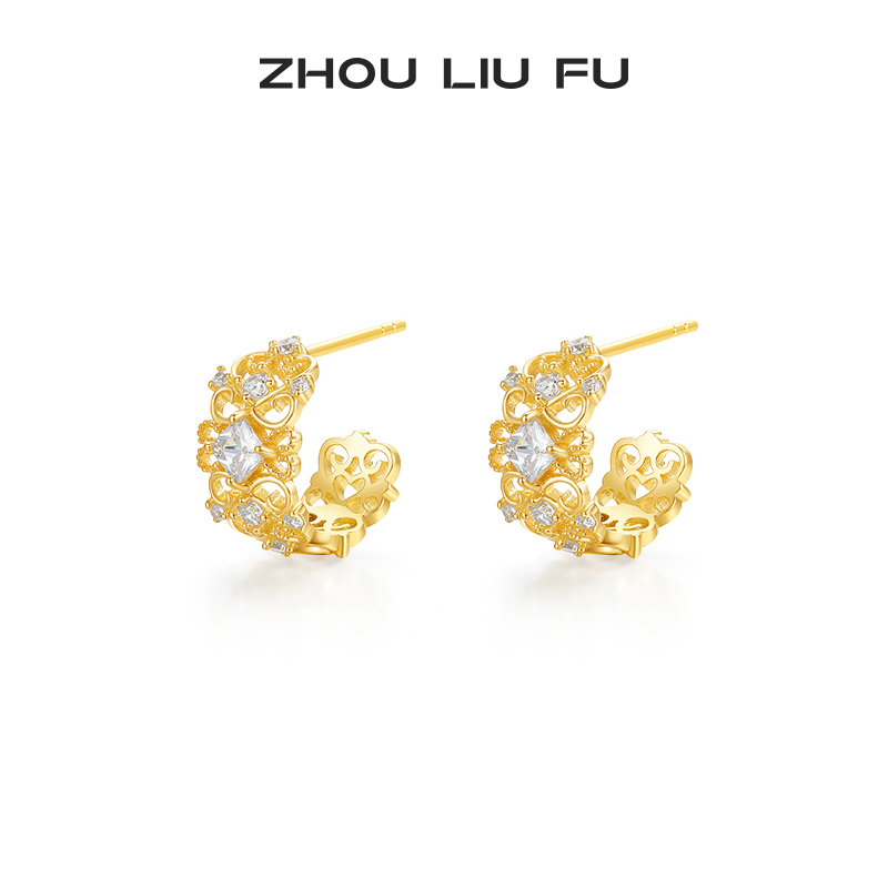 周六福耳钉蝴蝶结蜜卷耳饰耳环S925银黄金色小众送女友节日礼物