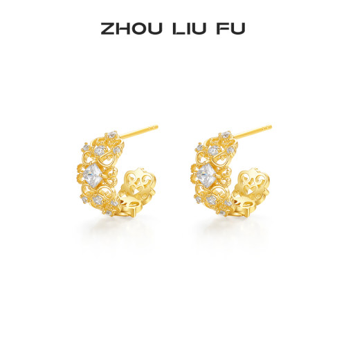周六福耳钉蝴蝶结蜜卷耳饰耳环S925银黄金色小众节日礼物送女友