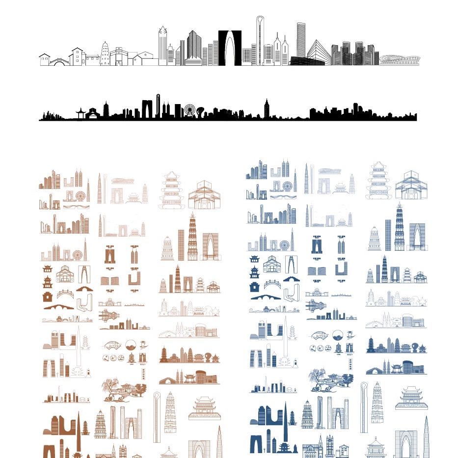 苏州江苏城市地标志建筑天际线旅游线描稿景点剪影插画图设计素材