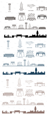 雄安河北建筑景点天际线旅游线描稿剪影插画图城市地标志手绘素材