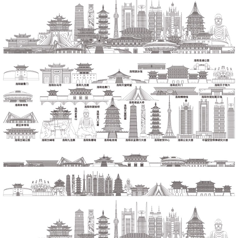 洛阳河南城市天际线旅游线描稿景点建筑地标志设计剪影插画图素材