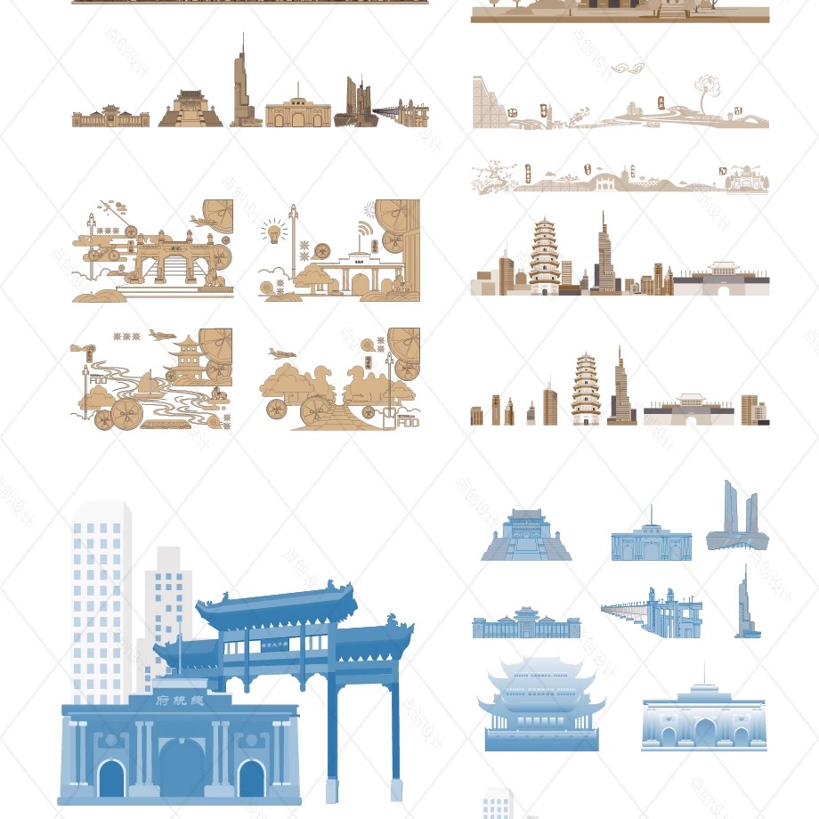 南京江苏城市建筑地标志天际线旅游线描稿剪影插画图设计景点素材