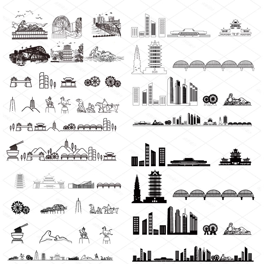 兰州甘肃天际线旅游线描稿建筑城市地标志插画图剪影设计景点素材