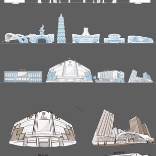 南宁广西城市建筑设计天际线旅游线描稿插画图地标志剪影景点素材