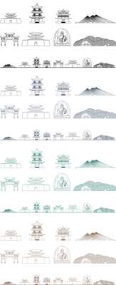 大同太原建筑景点城天际线旅游线描稿剪影插画图城市地标志素材