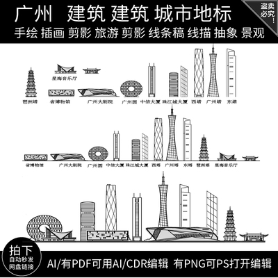 广州广东粤港澳大湾区景点天际线旅游线描稿剪影城市地标建筑素材