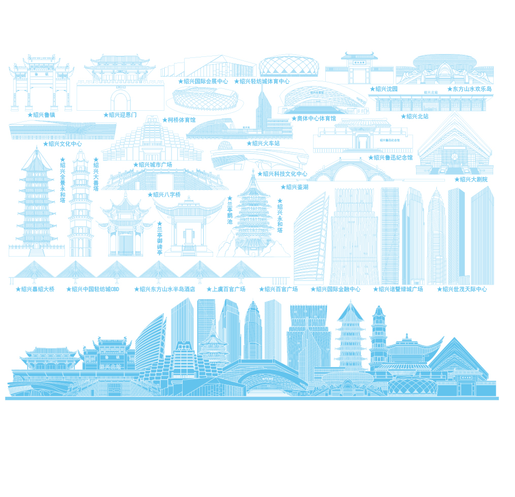 城市绍兴浙江旅游天际线线描稿地标志剪影插画图建筑景点手绘素材
