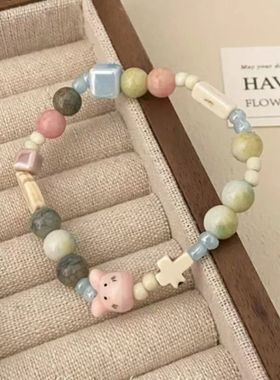 新款可爱甜美小清新陶瓷兔子手链女ins风马卡龙彩色童趣手串