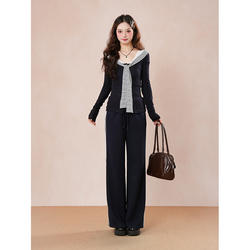 韩系简约风海军领条纹撞色长袖针织修身显瘦上衣+休闲长裤两件套