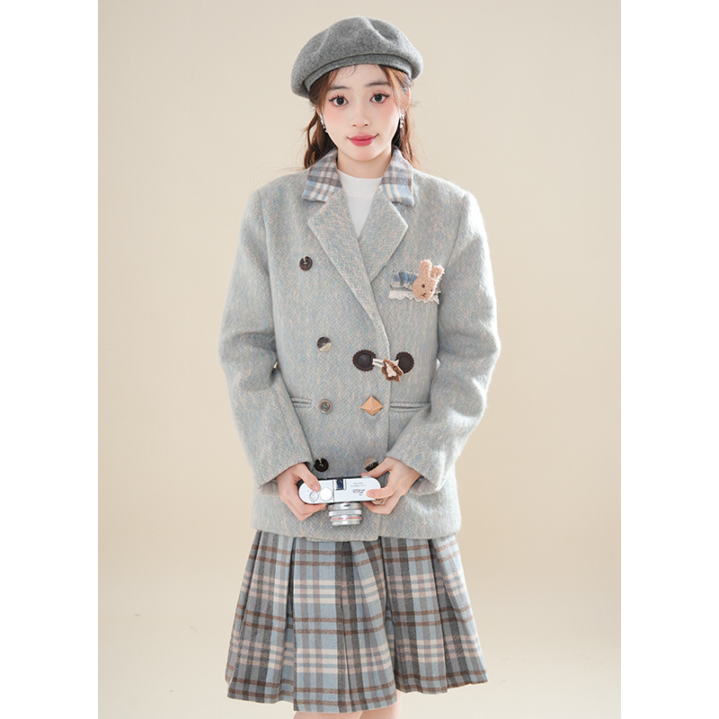 泉野薰冬季新款格纹毛呢西装半身裙套装学院风小众高级感呢子外套