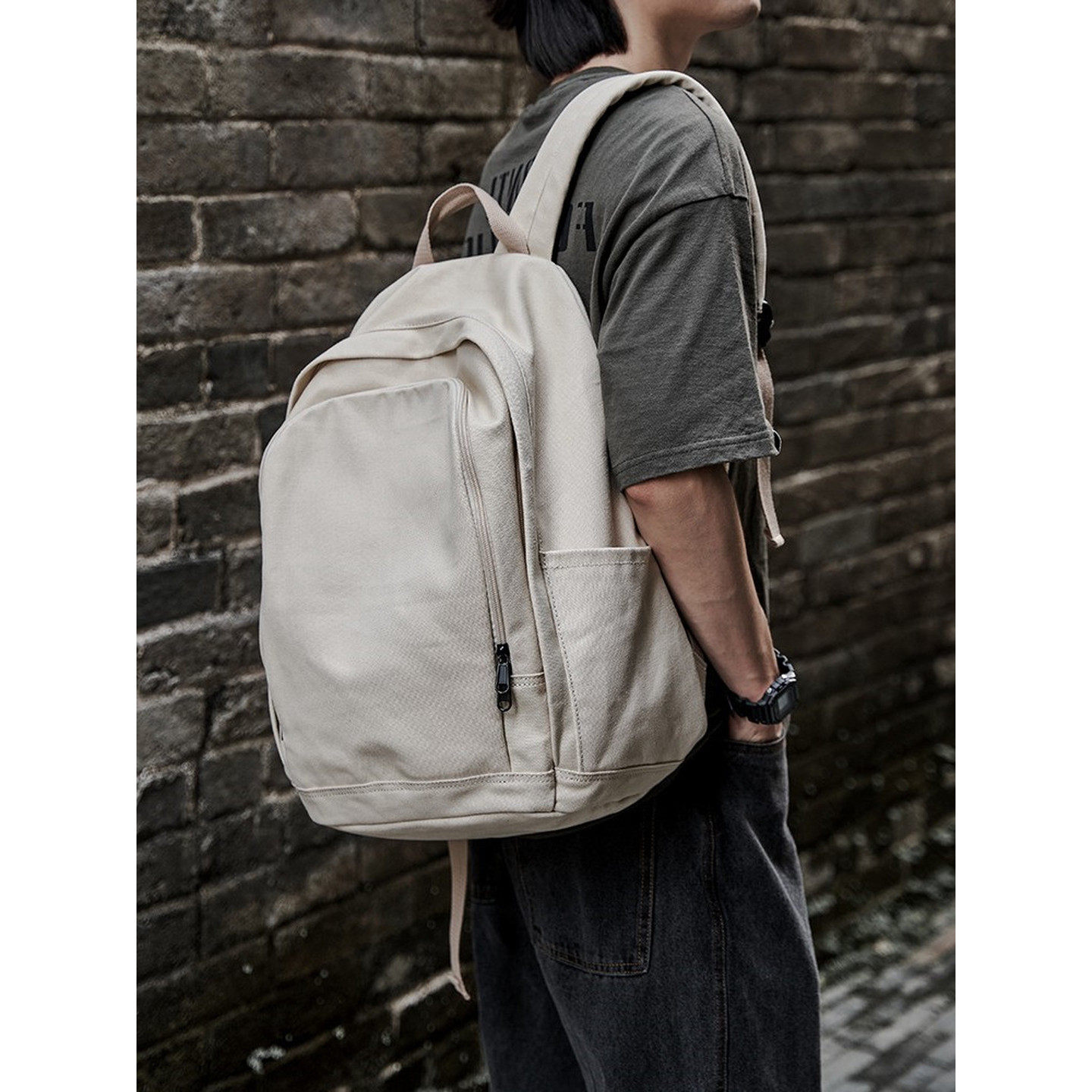 法国MKPREF帆布双肩包男背包简约潮女大学生书包休闲旅行包电脑包