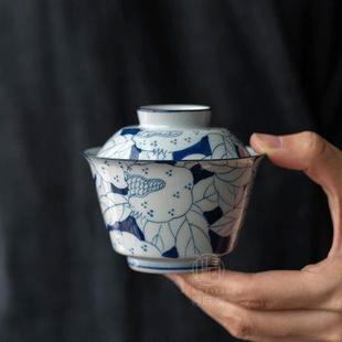 复古石榴二才茶碗家用陶瓷功夫茶具 手绘青花满彩盖碗｜仿古釉中式
