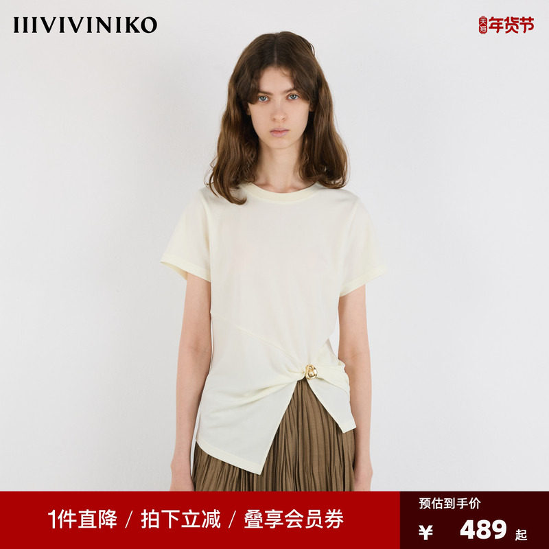 IIIVIVINIKO2025夏季新款褶皱金别针收身T恤,女装/女士精品,T恤,淘宝优惠券,粉丝福利购,淘宝优惠卷