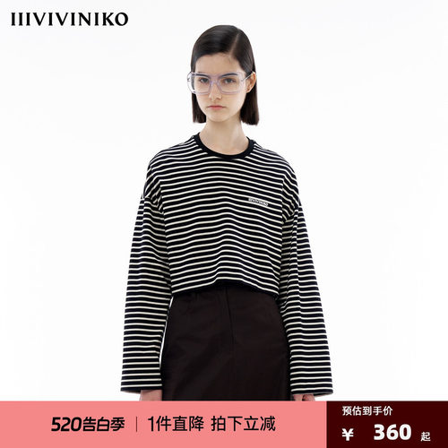 IIIVIVINIKO春季新款简约全棉落肩截短条纹长袖T恤女C410511315B