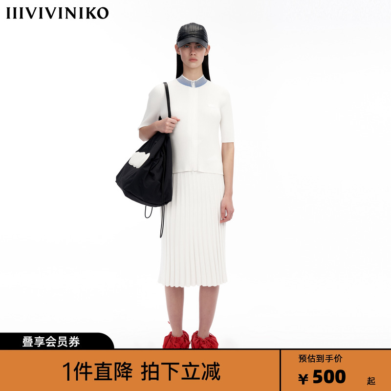 IIIVIVINIKO“科技面料”撞色小立领运动感针织开衫女M333719653A