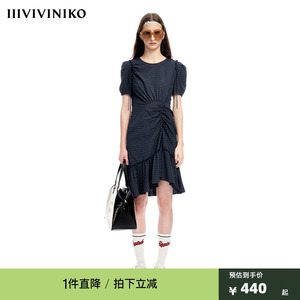 【早春新品】IIIVIVINIKO薇薏蔻气质小格纹不规则抽褶鱼尾连衣裙