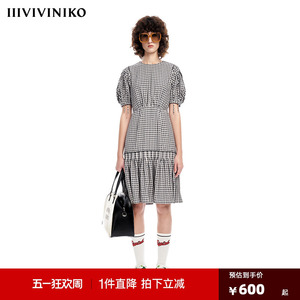 【早春新品】IIIVIVINIKO薇薏蔻圆领泡泡袖压褶收腰小格纹连衣裙