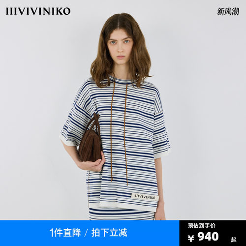 IIIVIVINIKO秋季新款宽松不规则撞色条纹织带T恤女M530109631A