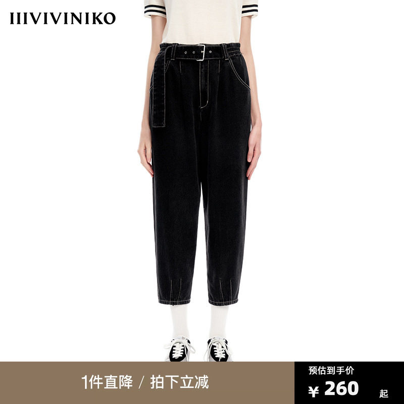 【早春新品】IIIVIVINIKO薇薏蔻复古学院黑色松紧腰带九分牛仔裤图片