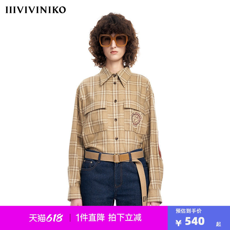 【早春新品】IIIVIVINIKO薇薏蔻粗花呢格子衬衫学院风复古衬衣