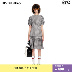 【早春新品】IIIVIVINIKO薇薏蔻圆领泡泡袖压褶收腰小格纹连衣裙