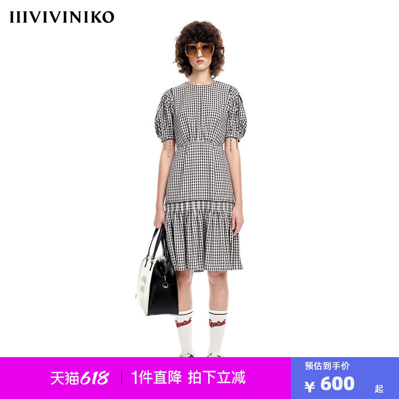 【早春新品】IIIVIVINIKO薇薏蔻圆领泡泡袖压褶收腰小格纹连衣裙