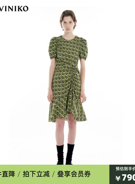 IIIVIVINIKO2024秋新款桑蚕丝不规则抽褶鱼尾连衣裙女R430641129A