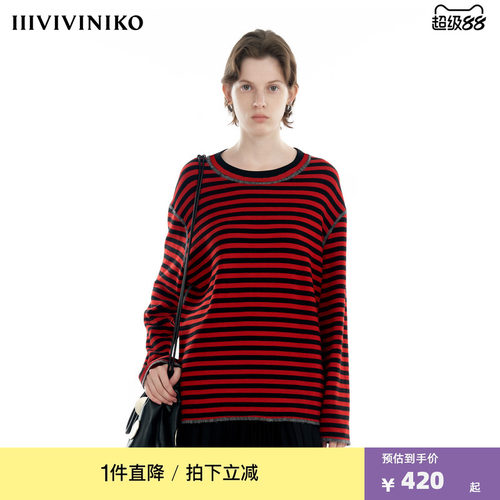 【意大利初剪羊毛】IIIVIVINIKO秋季新款落肩条纹长袖T恤女