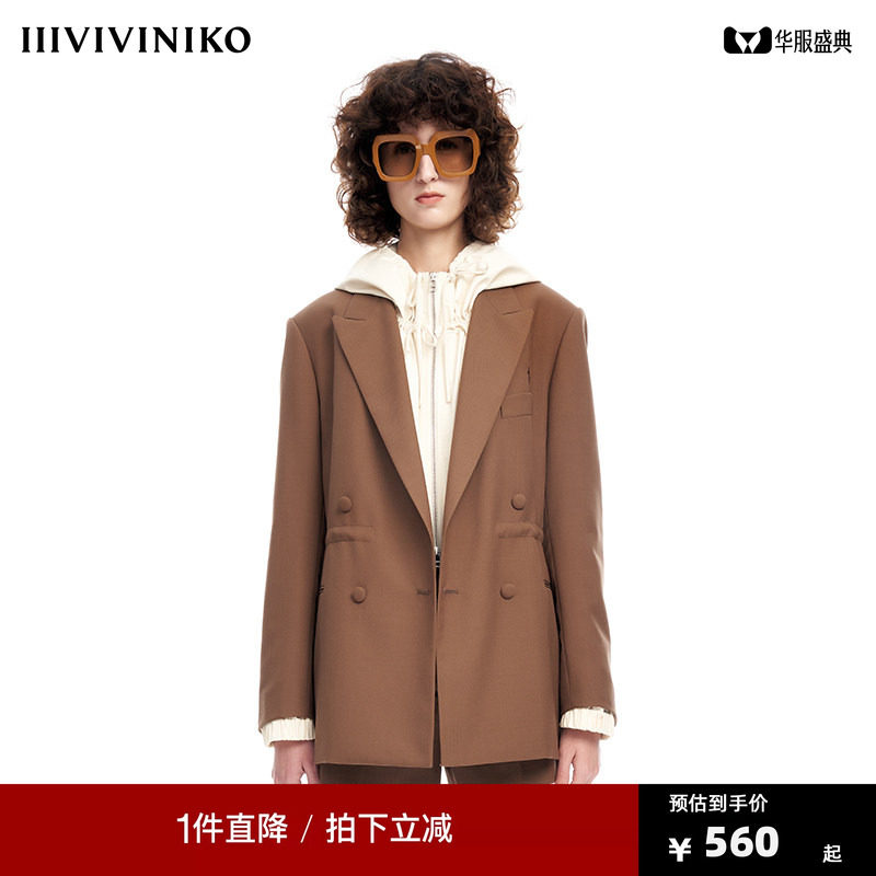 【早春新品】IIIVIVINIKO薇薏蔻复古纯色羊毛混纺抽绳西装外套女图片