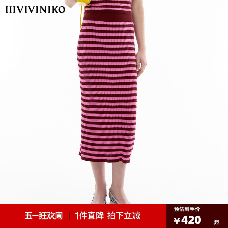 【丝光棉】IIIVIVINIKO春季新款多巴胺条纹微A型针织半身长裙女