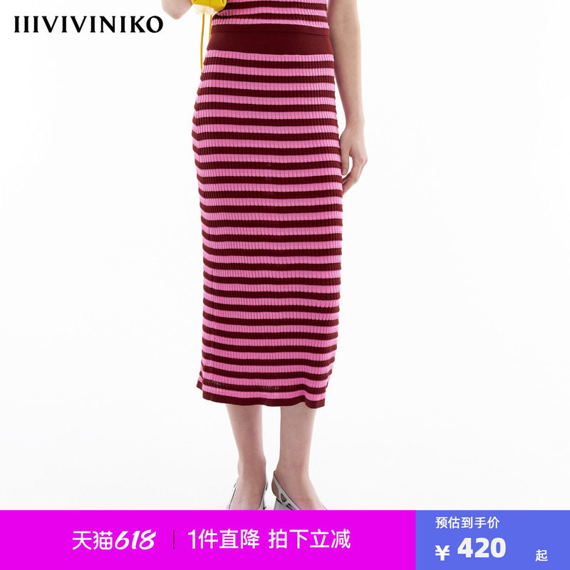 【丝光棉】IIIVIVINIKO春季新款多巴胺条纹微A型针织半身长裙女