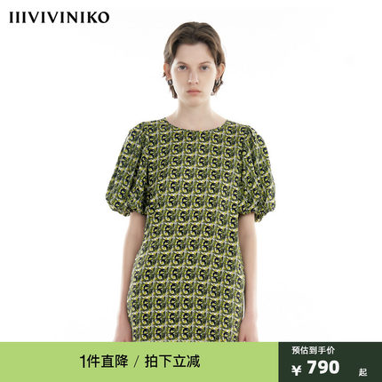 IIIVIVINIKO2024秋新款复古桑蚕丝泡泡袖直筒连衣裙女R430630129A