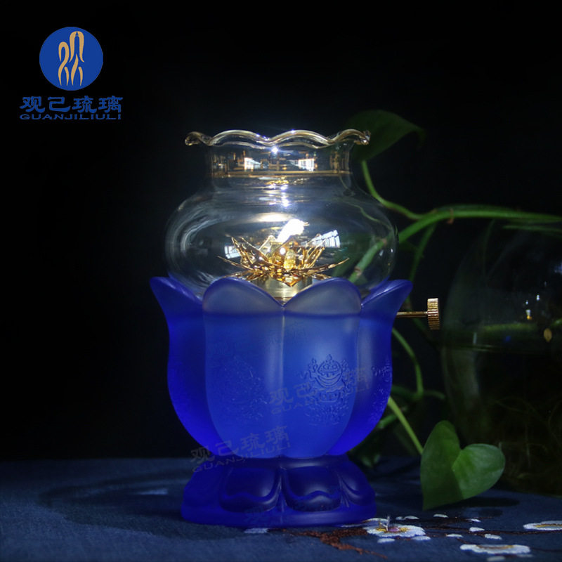 古法琉璃七色酥油灯座烛台七彩酥油灯座莲花琉璃酥油座灯盏长明灯