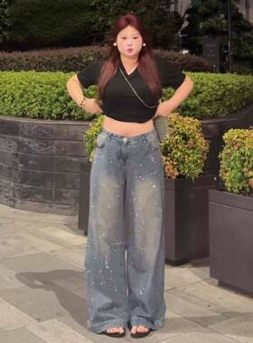 30斤美覆古钻牛仔裤女SD季L秋裤式子尺码胖大mRSIm宽松显阔烫0瘦