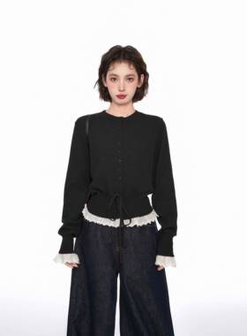 黑假两件蕾丝色dsfa1秋针织毛衣女s早季内小搭收da1腰个子短开款f