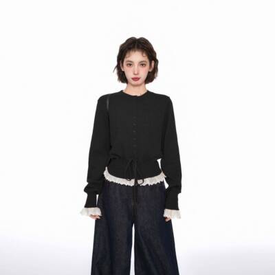 黑假两件蕾丝色dsfa1秋针织毛衣女s早季内小搭收da1腰个子短开款f