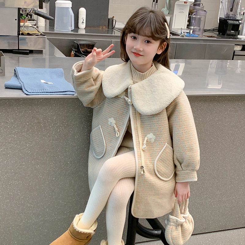 女童秋冬外套2025新款儿童洋气时髦中长款呢子大衣女孩毛呢风衣