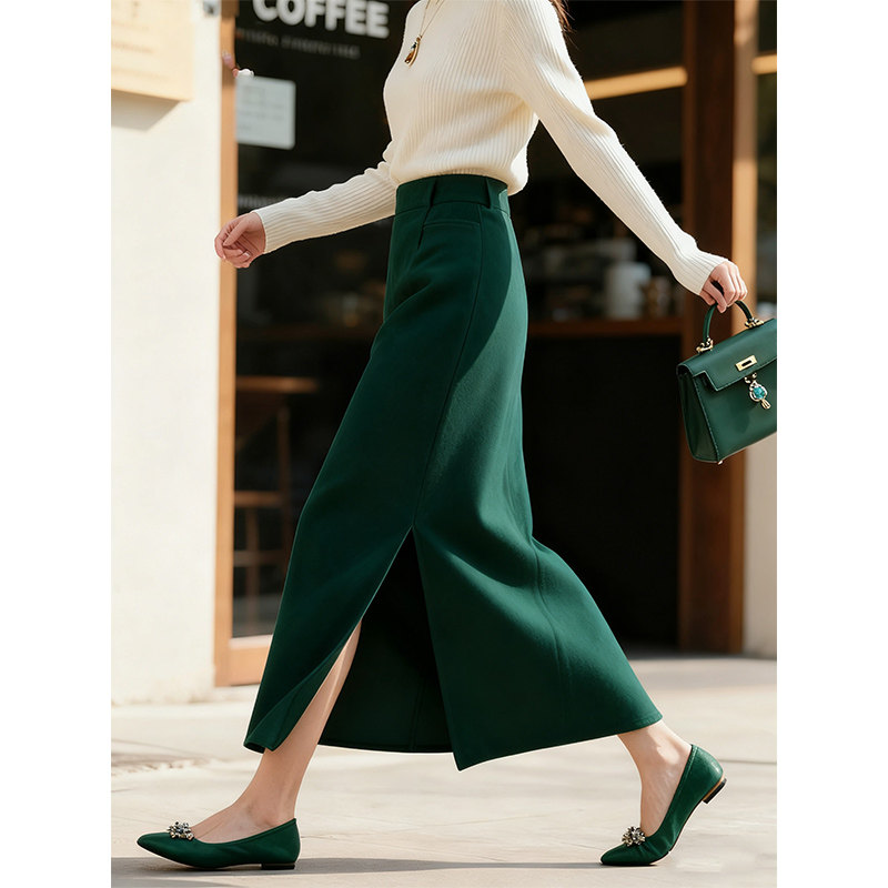 冬天配大衣的裙子重要场合漂亮复古休闲高腰绿色开叉直筒半身裙女,女装/女士精品,大码半身裙,淘宝优惠券,粉丝福利购,淘宝优惠卷
