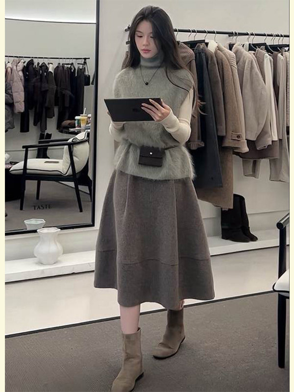 韩系一整套深冬穿搭小香风慵懒高领针织马甲内搭毛呢半身裙套装女,女装/女士精品,时尚套装,淘宝优惠券,粉丝福利购,淘宝优惠卷