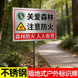 森林防火警示牌护林防火标识牌森林防火人人有责消防标志牌当心火灾指示牌爱护树木禁止烟火不锈钢插地牌定制